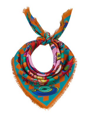 The FRANCO FERRARI - CIALDA DOUBLE SIDED FRINGE SILK SCARF 90CM, made of 100% silk, features a vibrant double-sided pattern in green, pink, orange, white, and brown hues. This colorful scarf can be folded into a triangle and tied at the top and is finished with fringed edges.