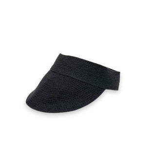 The BEACH HARE - JUNIE VISOR from BEACH HARE is a white woven golf visor featuring a wide, curved brim and an open top. The material showcases a textured weave pattern, and the visor boasts a simple, elegant design perfect for sunny weather on the tennis court. The background is plain white.