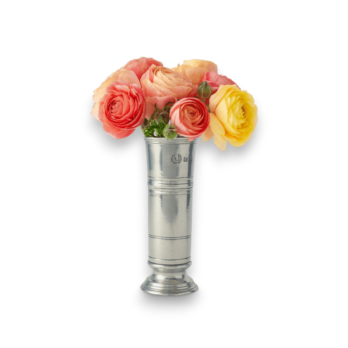 The MATCH Footed Cylinder Pewter Vase by MATCH displays a bouquet of pink, peach, and yellow ranunculus against a white background—an elegant and timeless hostess gift.