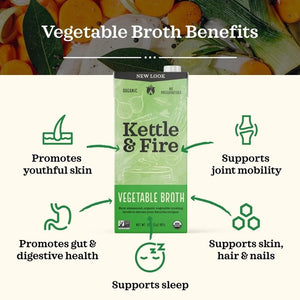 A carton of KETTLE & FIRE - ORGANIC VEGETABLE COOKING BROTH with a green label. The text highlights "Organic Ingredients" and "No Preservatives." The front features the product name and an illustration of vegetables. It states "New Look" at the top and specifies a net weight of 32 fl oz (907g), perfect for cooking flavorful meals.