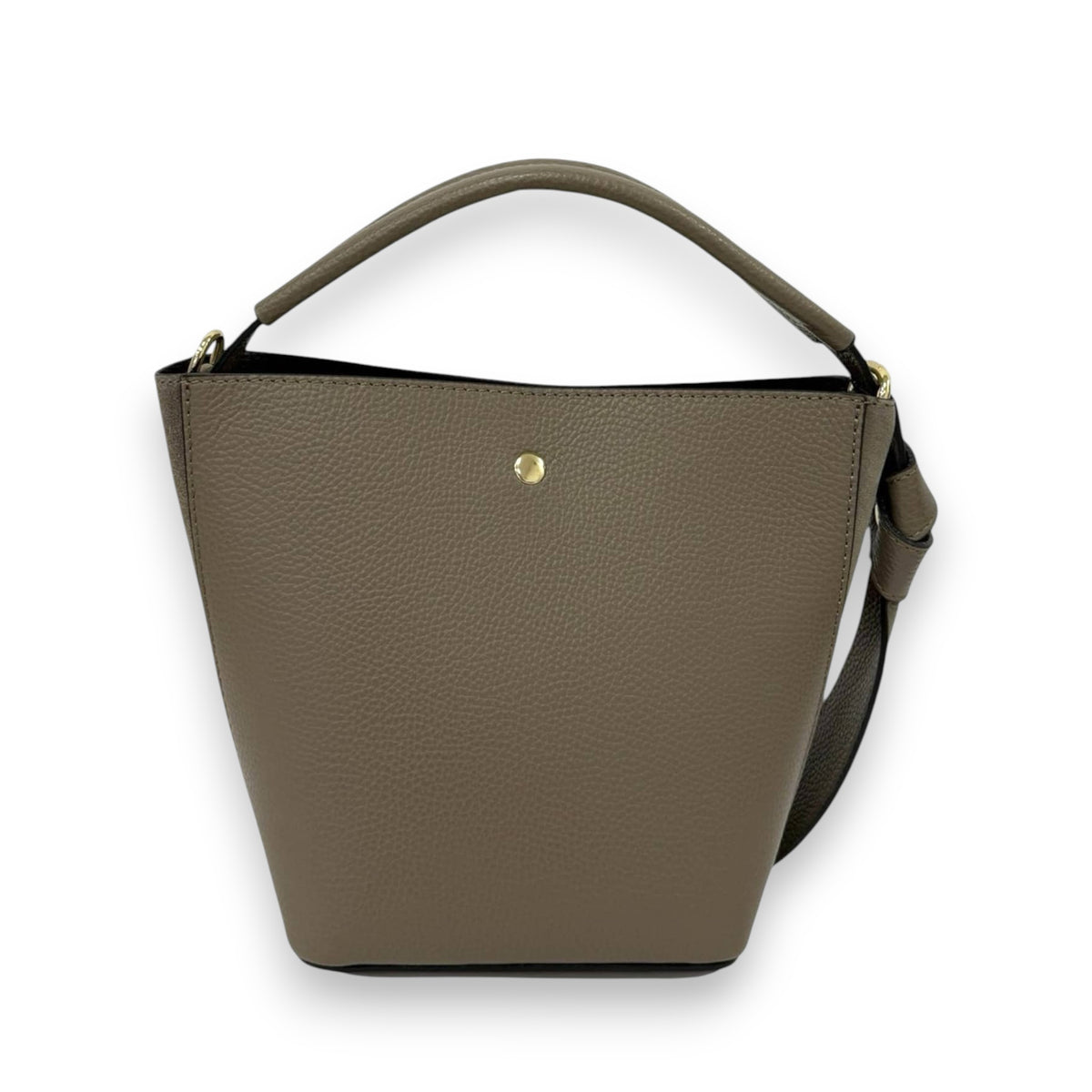THE FIRENZE CONVERTIBLE LEATHER HANDBAG by LE BORSETTE: a taupe Italian leather bag with textured finish, short top handle, detachable strap, and gold button detail on the front. Timeless elegance, made in Italy.