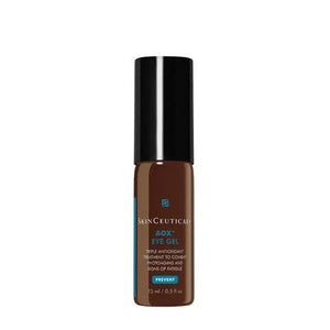 A 15ml bottle of SKINCEUTICALS - AOX EYE GEL. The bottle is brown with a black cap and features blue and white text detailing that it is a triple antioxidant eye serum by SKIN CEUTICALS designed to combat under-eye circles, photoaging, and signs of fatigue.