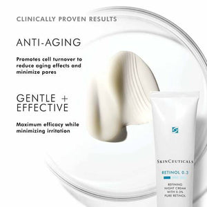 A white tube of SKINCEUTICALS - RETINOL .03 night cream, a premier Retinol face cream from SkinCeuticals designed for acne treatment and anti-aging, containing pure retinol, 30 ml. The tube features a black cap and displays blue and black text.