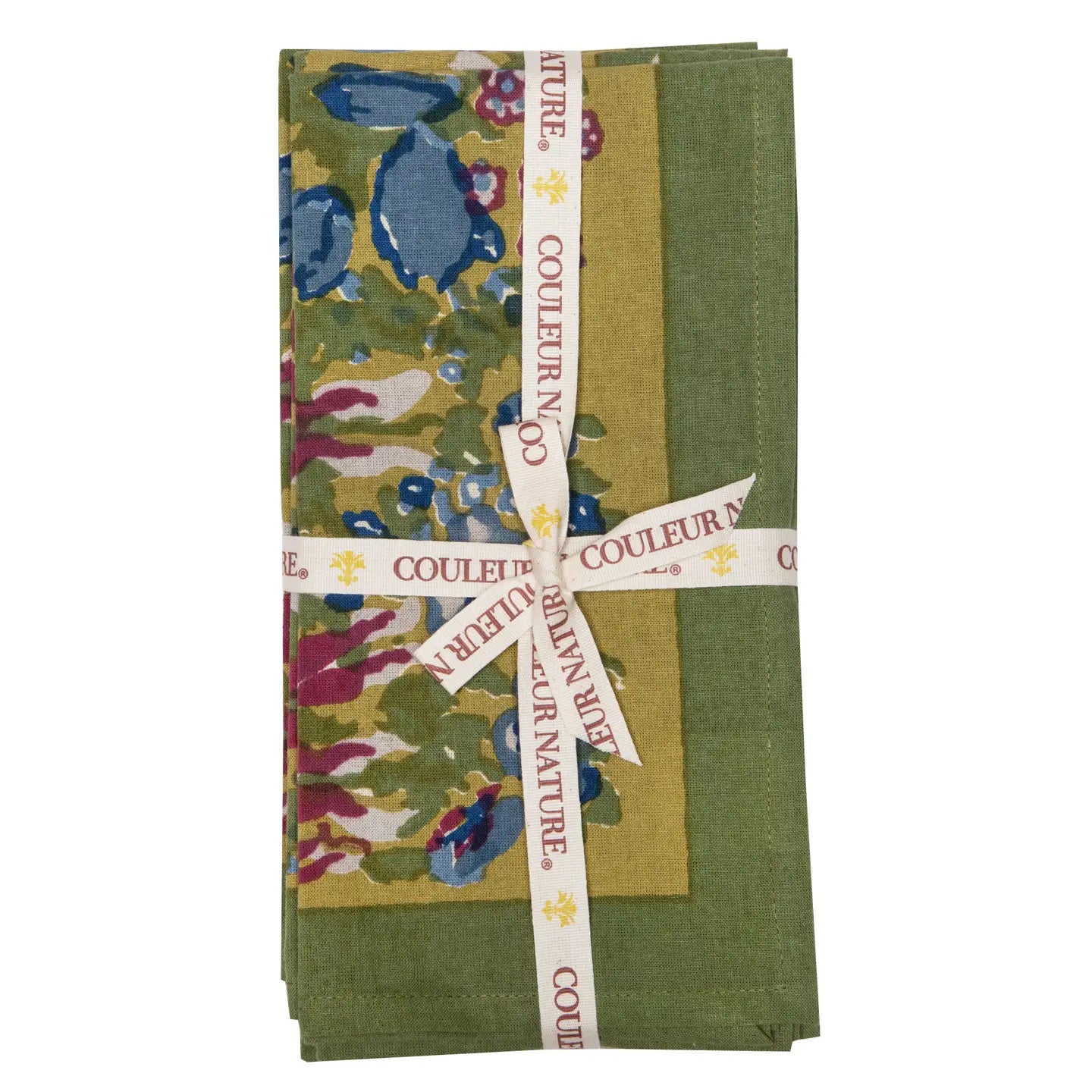 A stack of folded JARDIN BLUE & VERT CLOTH NAPKINs tied with a "COULEUR NATURE" ribbon features a top napkin with blue and red floral patterns on green from the Jardin Collection, while the bottom napkins are solid green.