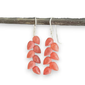 A pair of ANN LIGHTFOOT - CAMELIAN LEAF PETAL EARRINGS featuring sterling silver earwires with clusters of small, leaf petal-shaped beads in a vibrant coral color. The earrings are hanging on a dark, horizontal rod against a plain gray background.