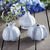 NAPA HOME AND GARDEN's Ferme Gourd Vase set features three white, textured ceramic vases with unique bulbous shapes, perfect for home decor. They sit elegantly on a wooden surface, artistic in their own right. A background of blurred blue and white flowers enhances the color contrast.