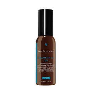 A brown bottle of SKINCEUTICALS - PHLORETIN 30M by SKIN CEUTICALS, featuring a black cap and blue label on the front. This Vitamin C gel is an antioxidant treatment containing 2% phloretin, 10% L-ascorbic acid, and 0.5% ferulic acid for environmental protection and addressing skin discoloration. It comes in a 30 ml size.