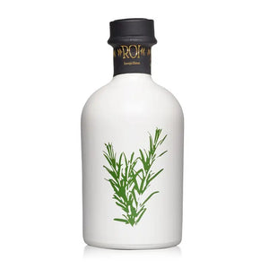 A sleek white bottle with a black cap from MERCATO DI BELLINA's Italian Infused Olive Oil. Its minimalist design showcases a green illustration of a rosemary plant on the front, evoking the essence of rosemary-infused olive oil. The cap is accented with gold detailing and prominently displays the brand name "MERCATO DI BELLINA" at the top.