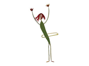 The "CARD HULA HOOP" by PETAL PEOPLE PRESS is a minimalist botanical card featuring a stick figure ballerina dressed in green with red hair, surrounded by leaves. To the left are black scissors, and to the right is a small white dish with paperclips, adding an element of whimsy to this distinctive piece.