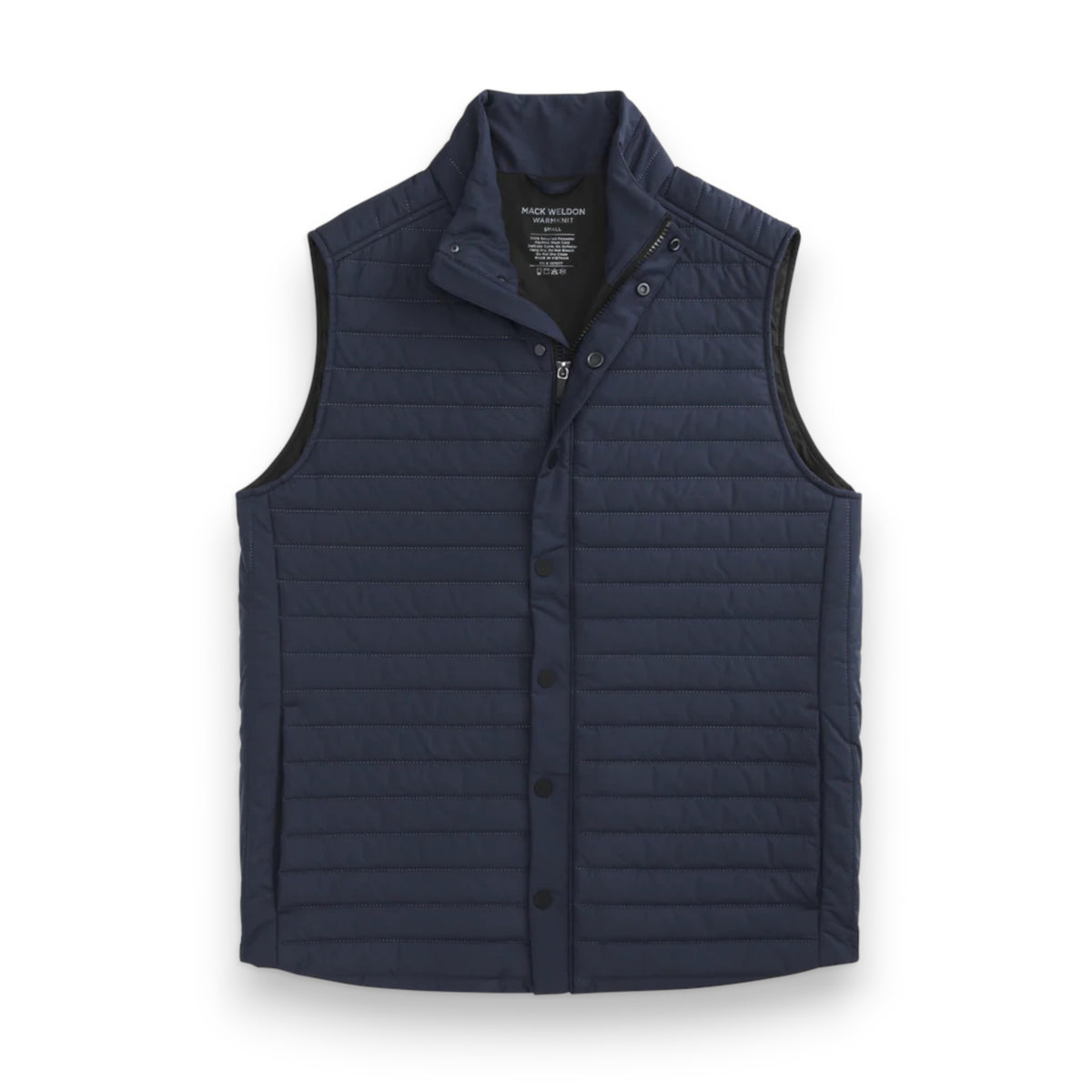 The MACK WELDON - WARMKNIT AIR PUFFER VEST is a sleeveless, dark navy vest with Thinsulate fill, high collar, snap-button front, and horizontal quilting, shown laid flat on a white background.