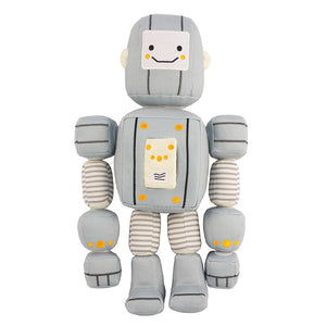 Description: Meet the TOT BOT from WONDER AND WISE ASWEETS, an educational toy designed to delight and educate. With its light gray body, segmented arms and legs, and cheerful yellow accents, this plush robot is sure to captivate. The friendly face sports black eyes and a happy smile, while the rectangular torso is adorned with colorful buttons and charming striped patterns on its limbs.