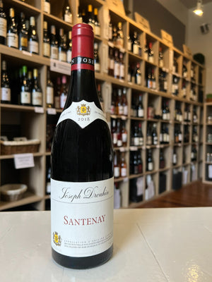 A bottle of JOSEPH DROUHIN SANTENAY 2018 by WINE: GRAPEVINE, crafted from Pinot Noir grapes with organic biodynamic methods, features a cream label and red foil neck, displayed against a plain white background.