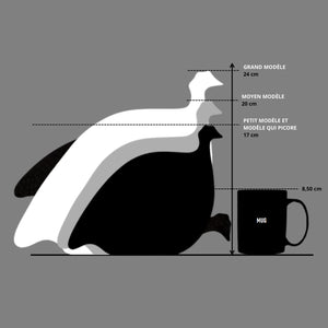 Diagram showing the sizes of three handmade LES CERAMIQUES DE LUSSAN porcelain bird models, inspired by guinea hens and crafted in a ceramic workshop in the South of France, compared to a standard mug. The 'Grand Modèle' is 24 cm, the 'Moyen Modèle' is 20 cm, and the 'Petit Modèle et Modèle qui Picore' is 17 cm. The mug is 8 cm.