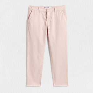 The FRANK & EILEEN - THE WICKLOW ITALIAN CHINO IN VINTAGE ROSE is displayed against a neutral background. These pants feature a slim fit design with front pockets, belt loops, and a small tag with the brand name "Frank" visible at the waistband.