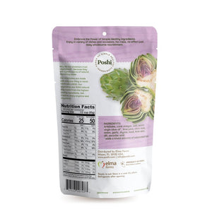 A white, resealable bag of POSHI - BASIL&THYME steamed artichokes. This ready-to-eat package features artichoke pieces and text emphasizing "50 calories per serving," "vegan," "no preservatives," "gluten free," "non-GMO," and "for your daily wellness." Net weight 6 oz (170g).