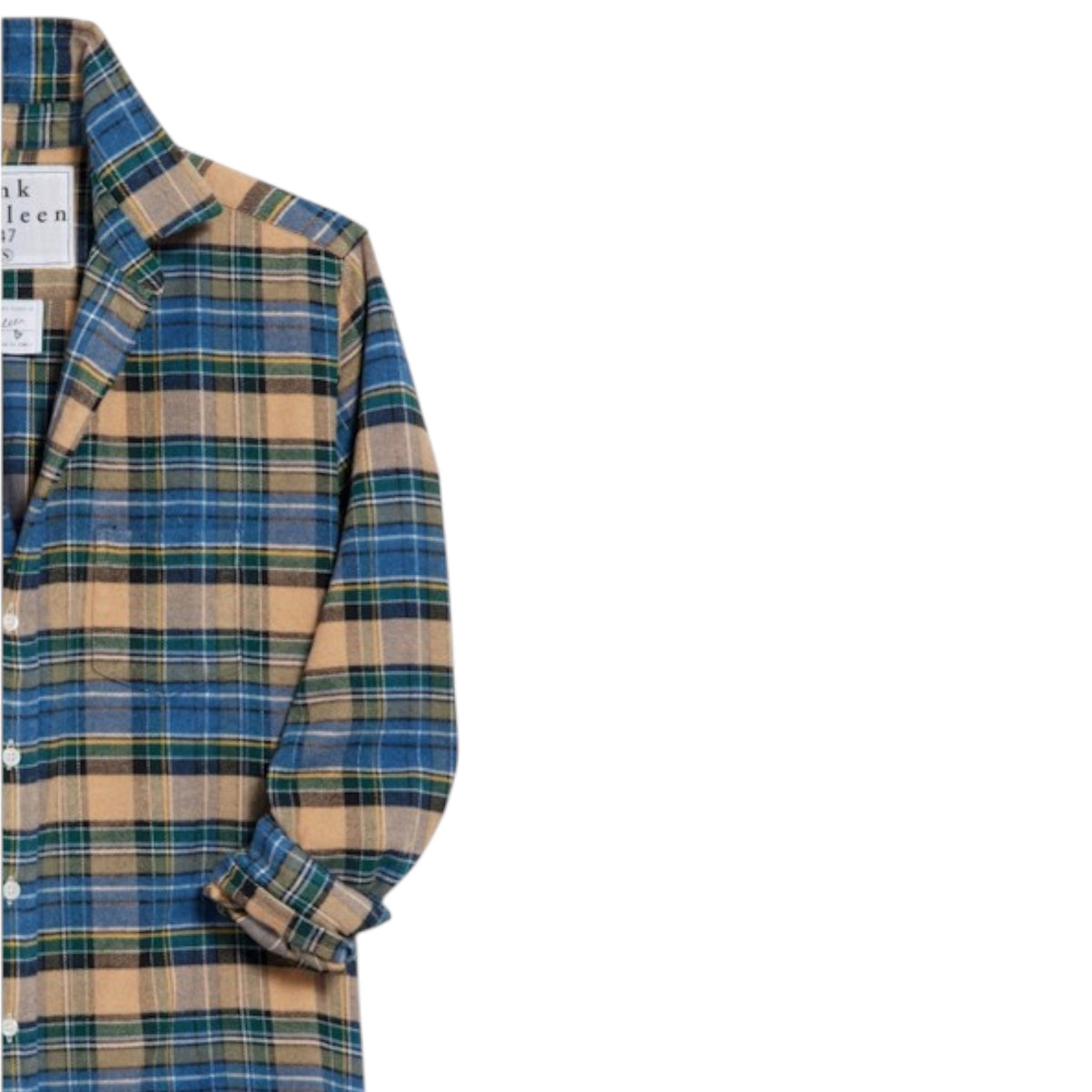 The FRANK &amp; EILEEN FINBAR Men&#39;s Button Up Shirt features a brown, green, and white plaid Italian cotton flannel with long sleeves—partially shown with the left side and collar visible against a white background; perfect for everyday wear.