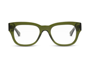 A pair of the CADDIS - MIKLOS READERS with green, square frames is displayed against a white background. The thick, glossy frames made from premium acetate offer a bold and stylish look, and the lenses are scratch-resistant.