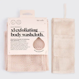 Two XL Exfoliating Body Washcloths in white are showcased. One washcloth is packaged in eco-friendly wrapping that features the KITSCH brand and product description, while the other is unwrapped, highlighting its textured, mesh-like surface made from recycled nylon and a convenient hanging loop.