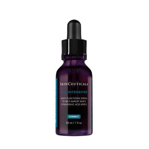 An image showing three drops of beige, lightweight, hyaluronic acid serum on a light background. Text on the image reads: "At a Glance: Texture - Lightweight, serum-gel. Skin Type - Normal, Oily, Dry, Combination, Sensitive. Perfect for skin hydration." Featuring SKINCEUTICALS - HA INTENSIFIER 30M by SKIN CEUTICALS.