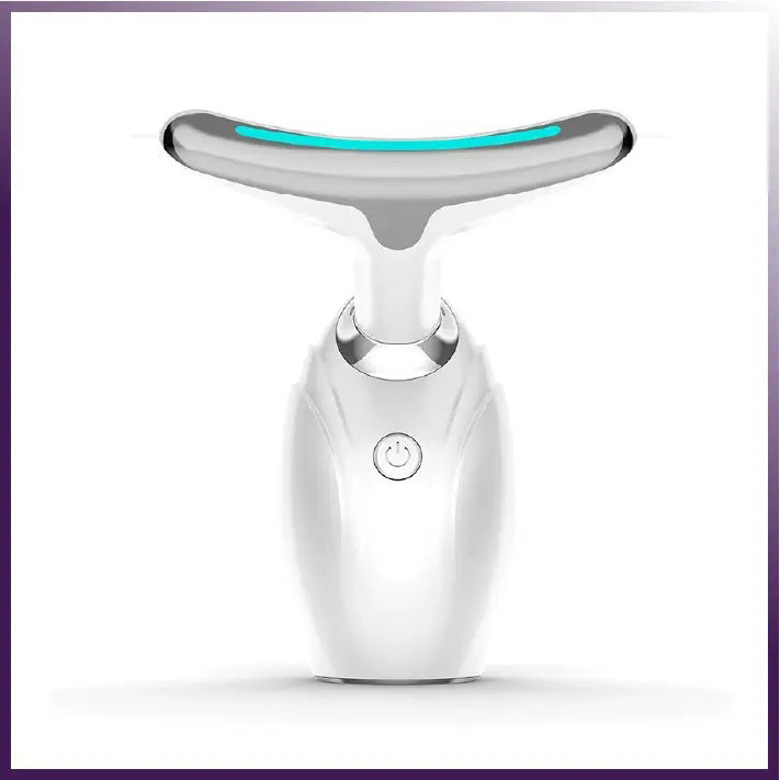 The ETERUS NECK AND FACE LISTING LED THERAPY is a sleek, modern white handheld electric wrinkle removing tool for the face and neck. It features a silver T-shaped top, a glowing blue light strip, and a central power button for easy use.