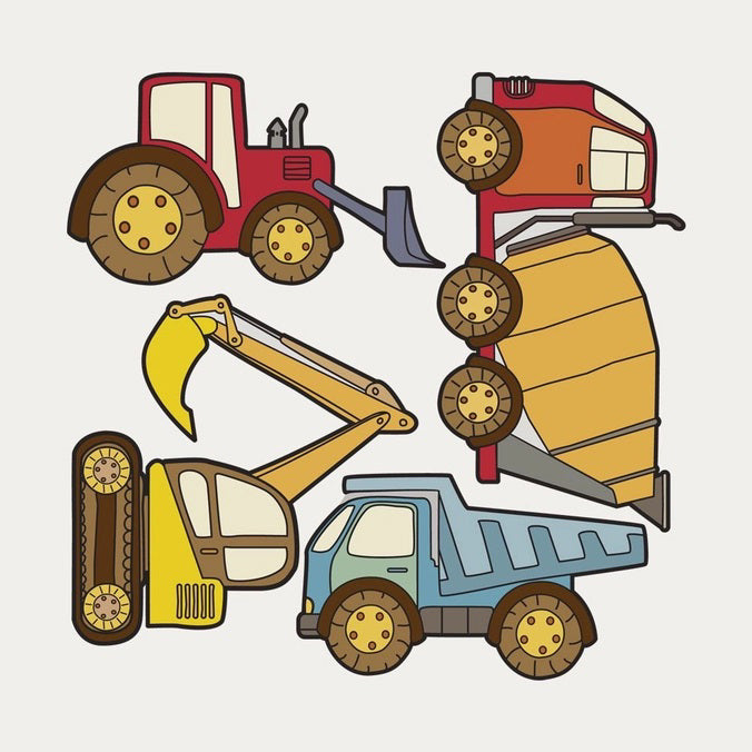 Four colorful construction vehicles arranged in a grid on a white background. The playful, cartoon-style vehicles include a red tractor, an orange cement mixer, a yellow excavator, and a blue dump truck. These vibrant SIMPLE SHAPES - CONSTRUCTION VEHICLE REMOVEABLE WALL DECALS by SIMPLE SHAPES are perfect for decorating any child&#39;s room.