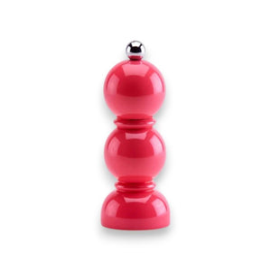 A photo of a red, shiny, Addison Ross London Mini Bob Salt or Pepper Mill with a silver top and three-sphere shape, featuring an FSC-certified ceramic mechanism, isolated on a white background.