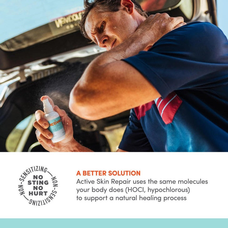 A white spray bottle labeled &quot;ACTIVE SKIN REPAIR - SPRAY ACTIVE SKIN REPAIR&quot; sits at the center of a gray background. Below it, professional mountain biker Brian Lopes shares his testimonial, praising the effectiveness of this hypochlorous (HOCl) formula from ACTIVE SKIN REPAIR for various skin issues and wound care.
