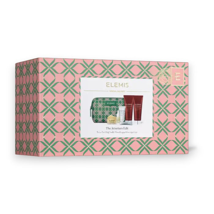 Image showing "THE JETSETTERS EDIT" by ELEMIS, a travel-approved luxury skincare set by ELEMIS - STEINER, including a green and pink patterned zip pouch with the Elemis logo. The set features Frangipani Monoi body cream, Frangipani Monoi shower cream, Pro-Collagen Cleansing Balm, Superfood Facial Oil, Superfood Day Cream, and Eye Renewal.