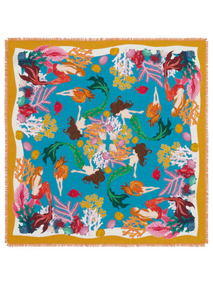 The FRANCO FERRARI - CIALDA DOUBLE SIDED FRINGE SILK SCARF 90CM, made of 100% silk, features a vibrant double-sided pattern in green, pink, orange, white, and brown hues. This colorful scarf can be folded into a triangle and tied at the top and is finished with fringed edges.