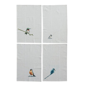 The TEA TOWEL WITH BIRD by CREATIVE COOP features four charming bird illustrations on premium cotton and linen fabric. One tea towel shows a bird perched on a branch, another depicts a bird standing tall, the third illustrates a small bird, and the last one showcases a bird perching delicately on a twig. Each printed tea towel displays birds facing outward.