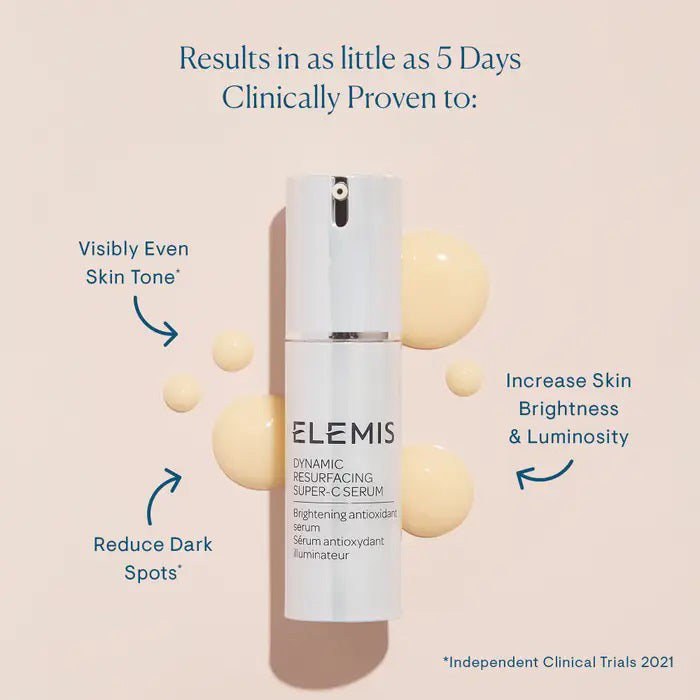 A sleek, white bottle of ELEMIS - Dynamic Resurfacing Super-C Serum from ELEMIS - Steiner is shown. Featuring a pump dispenser, the label text indicates it is a brightening antioxidant serum with Tri-Enzyme technology designed to illuminate the skin.