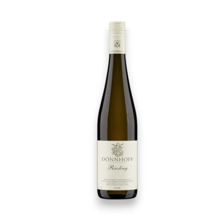 The DÖNNHOFF &#39;ESTATE&#39; RIESLING 2023, from WINE: BORDEAUX FINE &amp; RARE/A-VIN-GARDE, features a white label with brand name and variety. Its crisp minerality and off-dry profile are highlighted alongside its screw cap on a plain white background.