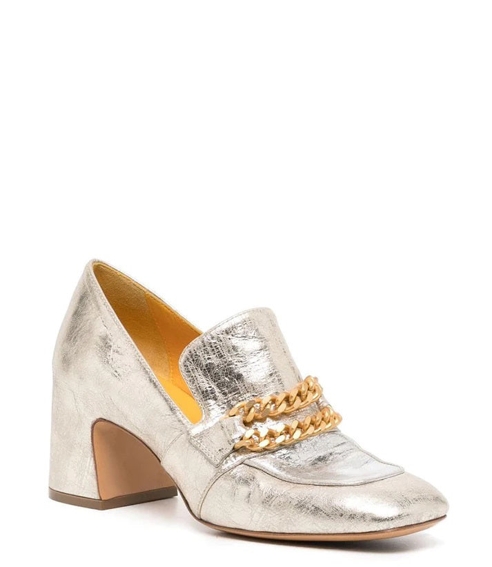 LEATHER MID HEEL LOAFER WITH CHAIN