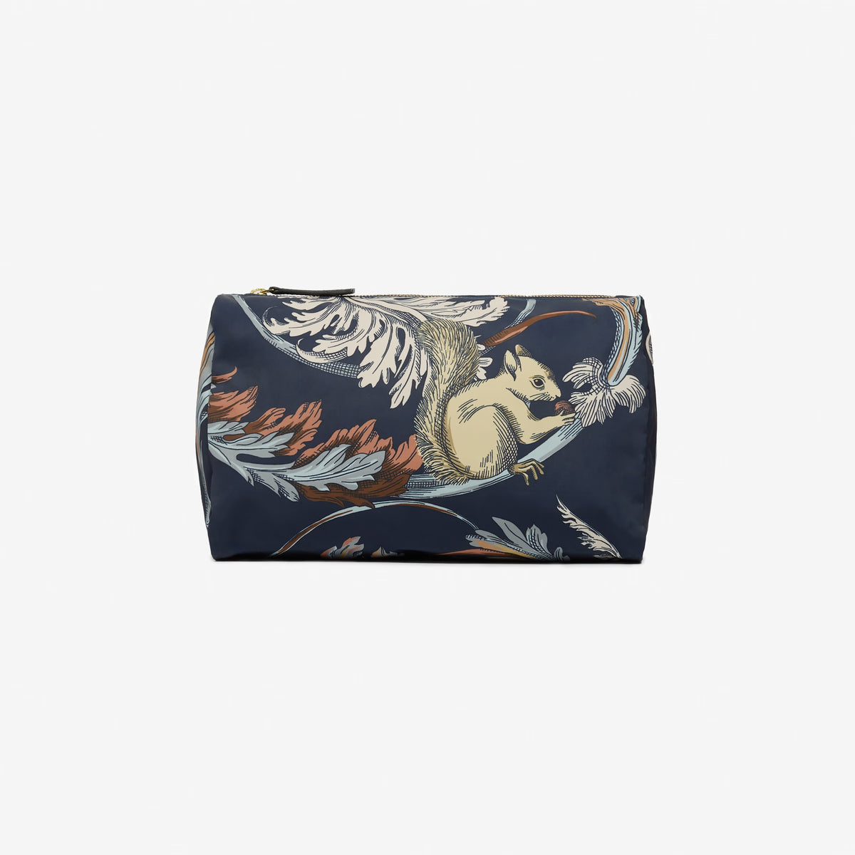 The INOUI EDITIONS ROCOCO Nylon Cosmetic Case by INOUI is a dark blue rectangular pouch made from recycled polyester, featuring a zipper and an elegant print of a squirrel, mushrooms, and ornate foliage in muted earth tones.