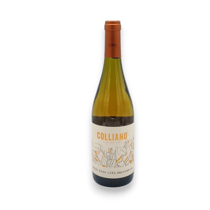 A bottle of COLLIANO SKIN MACERATION 2022 by WINE: OCEAN SOUTH IMPORTS, featuring an orange cap and abstract orange-gray label design. A white wine with maceration, ideal for pairing with Asian cuisine. Crafted in Goriška Brda, Slovenia.