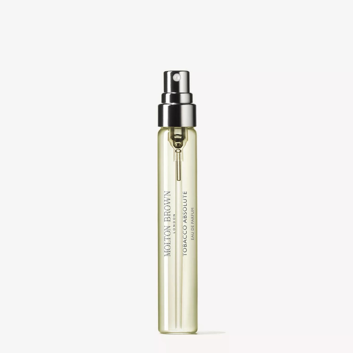 A clear spray bottle with a silver nozzle features MOLTON BROWN&#39;s ABSOLUTE TOBACCO TRAVEL EDP 0.25FLOZ, a refined woody scent, set against a plain white background.