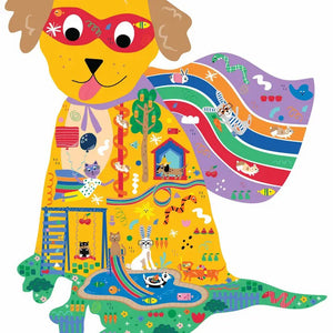 Introducing the FLOSS & ROCK - SUPER DOG JIGSAW PUZZLE 40PC, a vibrant jigsaw featuring a dog in a superhero mask with chunky pieces displaying playful cats, rabbits, trees, and stars on a blue background. Perfect for ages 3 and up!.