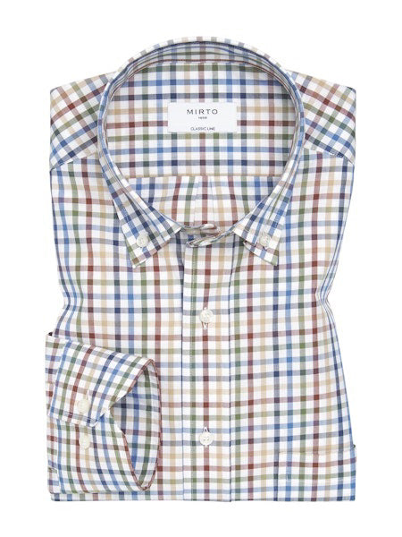 The MIRTO 1956 Blue and Gold Plaid Cotton Shirt features long sleeves, a classic collar, a checkered blue and gold pattern, and a classic fit. The &quot;MIRTO 1956&quot; label is sewn inside the collar.