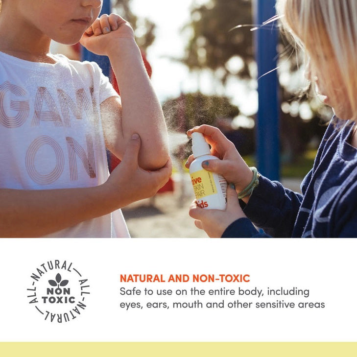A yellow and white spray bottle labeled &quot;ACTIVE SKIN REPAIR - KIDS SPRAY&quot; is placed next to its matching box. This pediatrician-recommended, medical-grade spray from ACTIVE SKIN REPAIR kills 99.9% of bacteria, is sting-free, promotes natural healing, and serves as a non-toxic first aid spray for effective kids&#39; skincare.