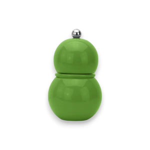 The ADDISON ROSS LONDON - CHUBBIE SALT OR PEPPER MILL 12CM by ADDISON ROSS is a glossy green, two-tiered, gourd-shaped mill with a small silver knob on top. Featuring a smooth, shiny surface and a modern, minimalist design, this mill boasts a durable ceramic mechanism. The product is displayed against a plain white background.