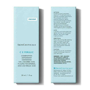 Image showing instructions for applying the SKINCEUTICALS - CE FERULIC serum in two steps:

Step 1: "In the morning after cleansing, dispense 4-5 drops of SKINCEUTICALS - CE FERULIC into clean hands." (Photo of a person dropping serum onto their hand.)
Step 2: "Gently press SKINCEUTICALS - CE FERULIC into the skin on your face, neck, and décolletage. Follow with any other skincare products and sunscreen for environmental protection.