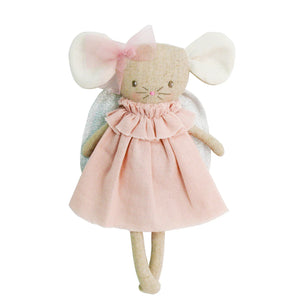 The ALIMROSE - BABY ANGEL MOUSE PINK SILVER by ALIMROSE is a fabric doll resembling a baby angel mouse, dressed in a pink outfit featuring a ruffled neckline and a matching bow on one ear. It boasts large white ears, sparkly wings, and showcases a minimalist face with stitched details.