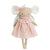 The ALIMROSE - BABY ANGEL MOUSE PINK SILVER by ALIMROSE is a fabric doll resembling a baby angel mouse, dressed in a pink outfit featuring a ruffled neckline and a matching bow on one ear. It boasts large white ears, sparkly wings, and showcases a minimalist face with stitched details.