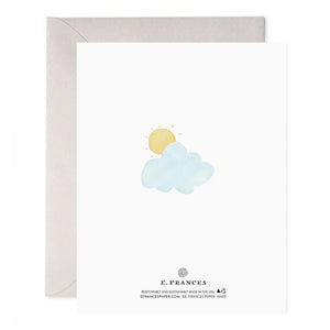 The TEACUP BABIES GREETING CARD by E.FRANCES PAPER showcases a handcrafted watercolor design with soft pastels, depicting four mugs hanging from clouds with little brown shapes. It includes the message, "Congrats on your new arrival!" and comes with a simple grey envelope, offering a delightful touch to baby-themed illustrations.