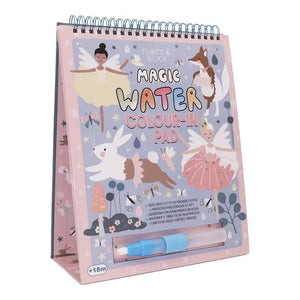 An image of the FLOSS & ROCK - MAGIC COLOR CHANGING ENCHANTED WATERCARD EASEL & PEN. The product is displayed in a standing position with a spiral binding at the top. It features colorful illustrations of fairies, animals, and other playful elements, along with a water pen attached at the base—perfect as a portable art set from Floss & Rock!