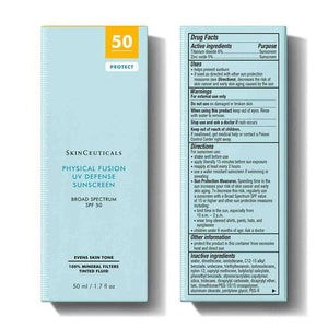 A silver bottle of Skin Ceuticals Physical Fusion Sunscreen SPF 50 with broad spectrum protection. The front label highlights its ability to even skin tone and features 100% mineral filters. The bottle has a 50 ml (1.7 fl oz) capacity.