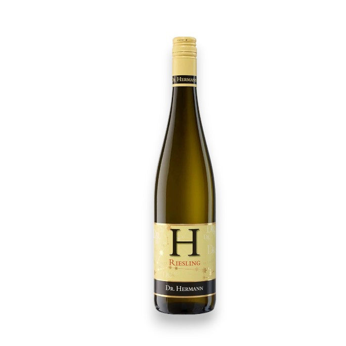 The DR. HERMANN &#39;H&#39; RIESLING 2023 by Winebow features a light amber glass bottle. The label showcases a large &quot;H&quot; with &quot;Riesling&quot; below it and is capped with a black top reading &quot;Dr. Hermann.&quot; This German Mosel wine is presented on a plain white backdrop.