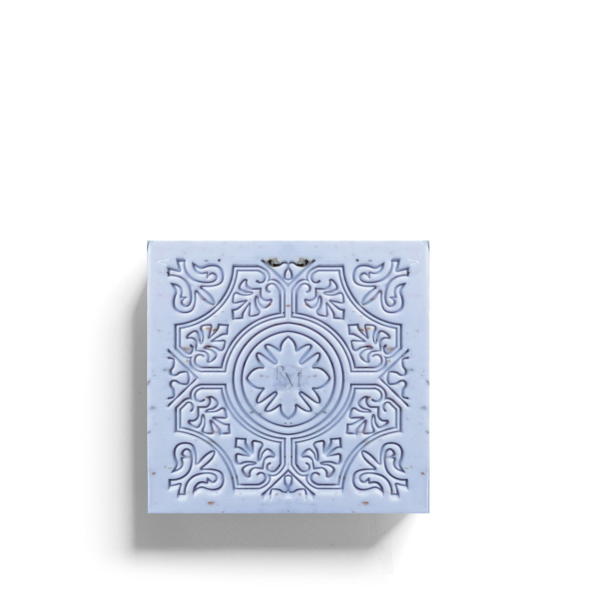 An open ROSE ET MARIUS - LAVENDER SCENTED SOLID SOAP GIFT BOX reveals a matching decorative soap, both adorned with elegant, light blue and white Provence-inspired motifs.