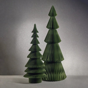 Introducing the ZODAX WISH PAPER DECORATIVE TREE - DAVOS TREE 36IN: a stylish green paper Christmas tree measuring 14 inches by 36 inches, showcasing layered, accordion-style branches elegantly displayed against a simple white background.