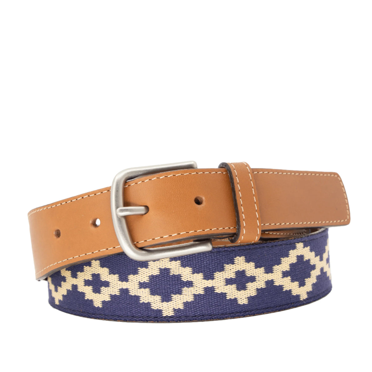 The LA MATERA Corbina Woven Belt features tan genuine leather, a silver buckle, and a navy woven band with a cream geometric diamond pattern.